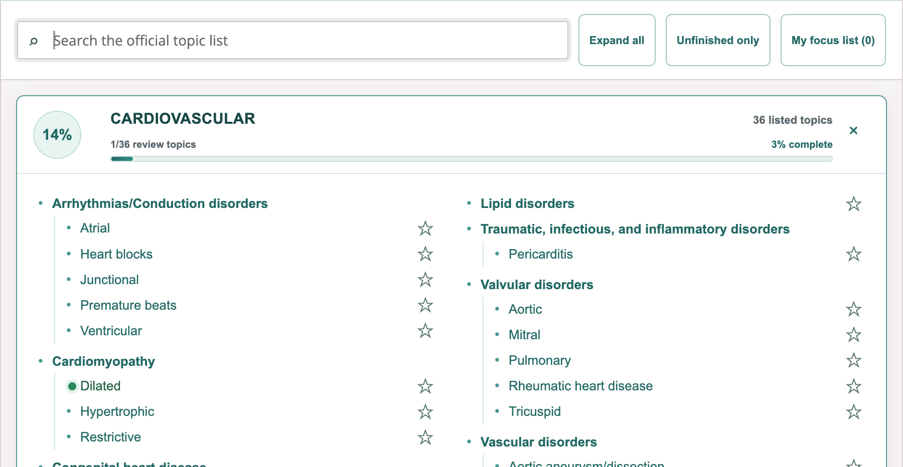 Family Medicine blueprint example showing topic search, lesson links, a focus list, and progress tracking. 