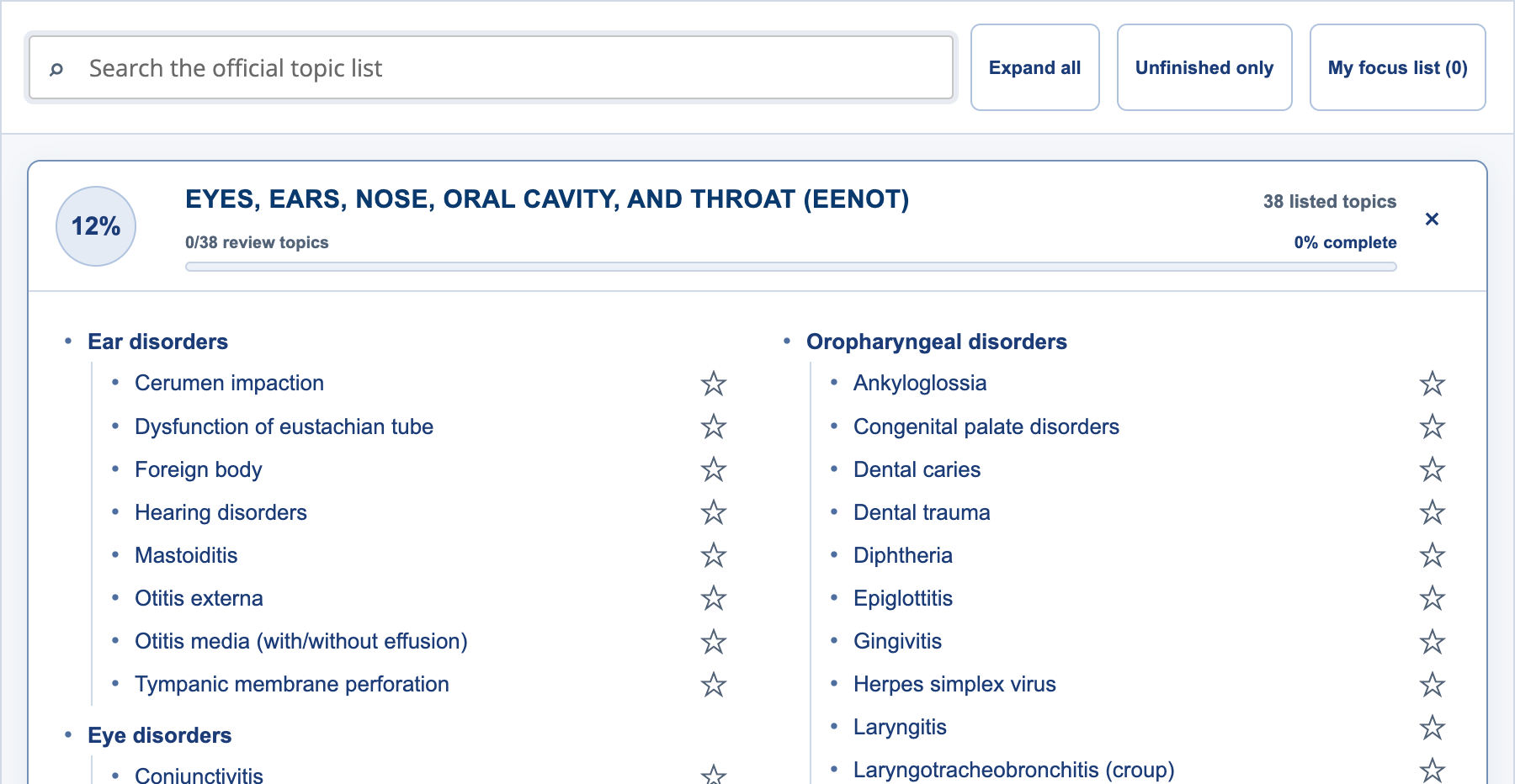 Pediatrics blueprint example showing topic search, lesson links, a focus list, and progress tracking. 