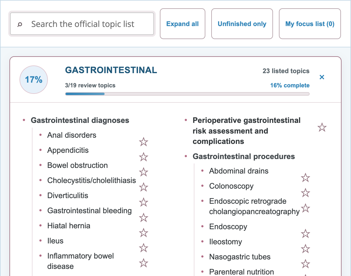 Surgery blueprint example showing topic search, lesson links, a focus list, and progress tracking. 
