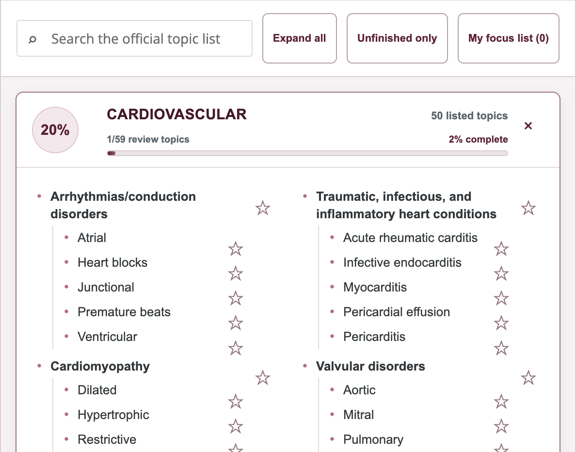 Internal Medicine interactive blueprint showing topic search, a focus list, cardiovascular weighting, lesson links, and example progress.